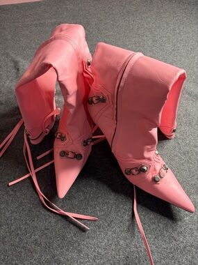 Pointed Lace-Up Ankle Booties in Pink